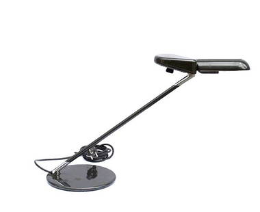 Bruno Gecchelin, Arteluce, table lamp: Bruno Gecchelin, Arteluce, Gray enameled steel, two-part light source that makes multiple adjustments, signed "Arteluce" on shade. Bruno Gecchelin. Lampada da tavolo modello Ring. Struttura di metallo