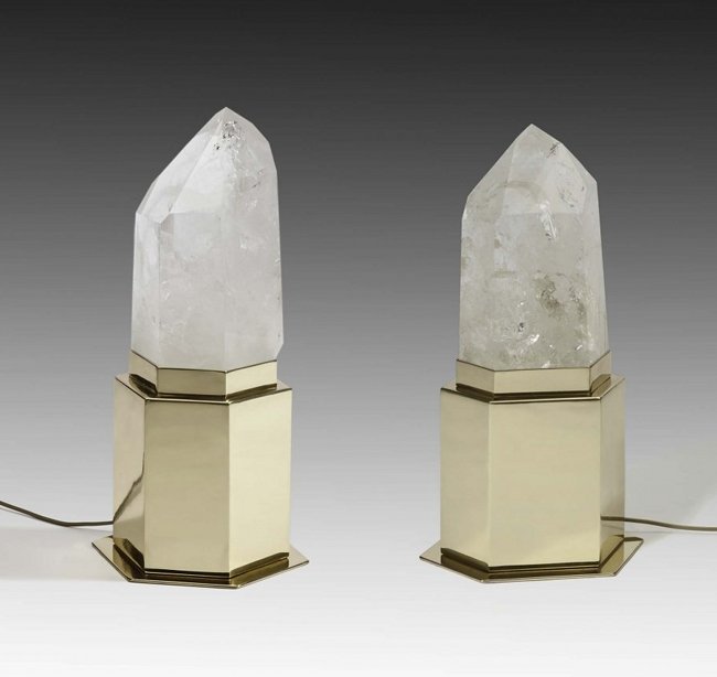 Studio Superego, two lamps Espirito.: Studio Superego, two lamps Espirito. Crystal, varnished brass. Italia. STUDIO SUPEREGO coppia di lampade ESPIRITO materiali: cristallo di Rocca - quarzo, ottone lucido Prod. Italia Dimensioni: cm 30 x