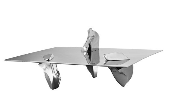 F. Stallard, Coffee table, Driade: Fredrikson Stallard. Sereno. Coffee table. Sculpture legs in polished cast aluminum and mdf top with mirror polished stainless steel coating. Dimensions: 130 x 130 x h 56 cm