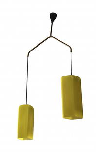 Luciano Vistosi, ceiling lamp: Luciano Vistosi, ceiling lamp with two lights. Incamiciato yellow glass. 1960 ca. Luciano Vistosi, sospensione a due luci. Vetro giallo incamiciato. Anni Sessanta ca. Dimensioni: h 135 cm, l 60 cm