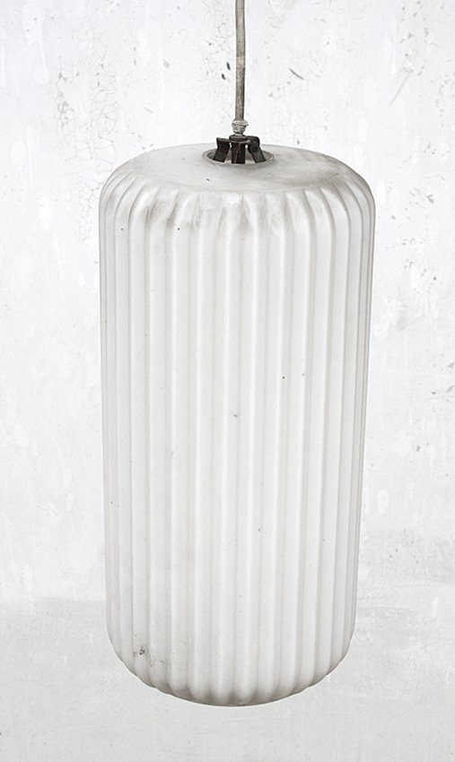 Arredoluce, hanging lamp: Arredoluce. Hanging lamp. White glass, metal. Dimensions: 15,74 " glass h, 7,87" diameter. 1950. Lampada a sospensione. Vetro bianco, metallo. Dimensioni vetro: h 40 cm, diametro 20 cm