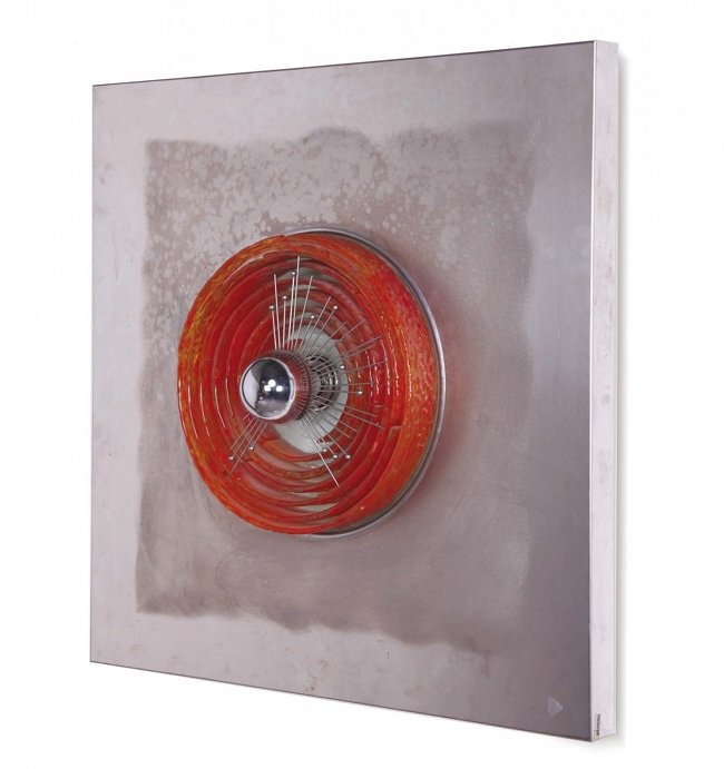 Angelo Brotto, bright panel: A. Brotto. Bright panel. Stainless steel, glass. Prod. Esperia, 1970 ca. Dimensions: 31,49" x 31,49" x 2". Pannello luminoso in acciaio inossidabile e vetro. Dimensioni: 80 x 80 x 5 cm.