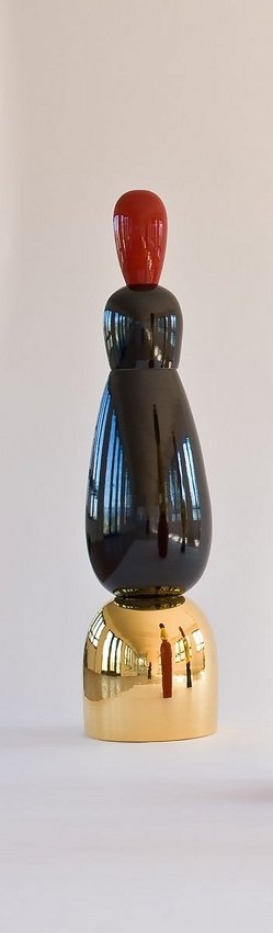 A. Mendini, Dipylon, Big totem, Superego Ed.: A. Mendini. A "Dipylon" earthenware totem composedby four ovoid elements, red, black and goldenamels. From a limited edition of 10 pieces.Signed.HEIGHT. 70 7/8 INAlessandro Mendini, Superego Edizioni,