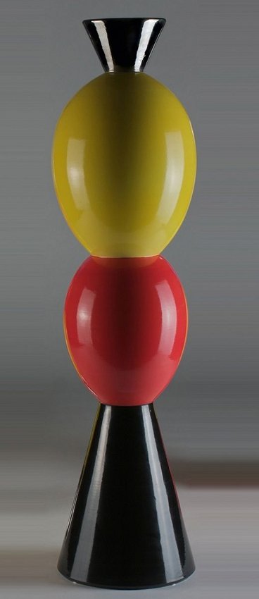 A. Mendini, Stoa, Big totem, Superego Ed.: A. Mendini. A "Stoa" earthenware totem composed byfour geometric elements, red, yellow, blackand silver enamels. From a limited edition of10 pieces. Signed.HEIGHT. 70 7/8 INAlessandro Mendini, Supereg