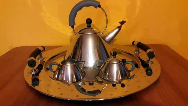 Alessi, Michael Graves, kitchen set: Alessi Michael Graves - MG34 Serving Tray, tea pot 9093, cream 9096 and sugar dispenser 9097.