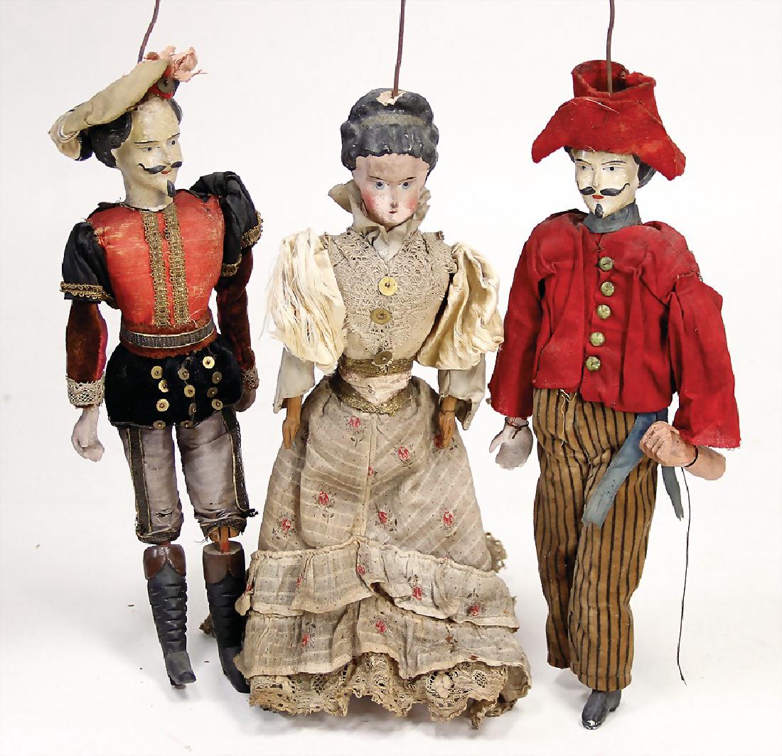 3 stick puppets, Biedermeier, wood/mass, 30 cm, 2 men, (1 of 1)