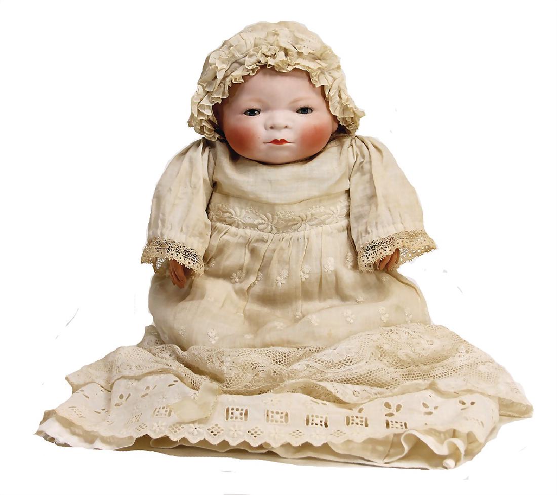 Beylo baby, 32 cm, biscuit porcelain head with flange: Beylo baby, 32 cm, biscuit porcelain head with flange neck, blue sleepy eyes, closed mouth, please note that it is risky to transport the eye mechanism, fabric body, celluloid hands, old clothes Germa