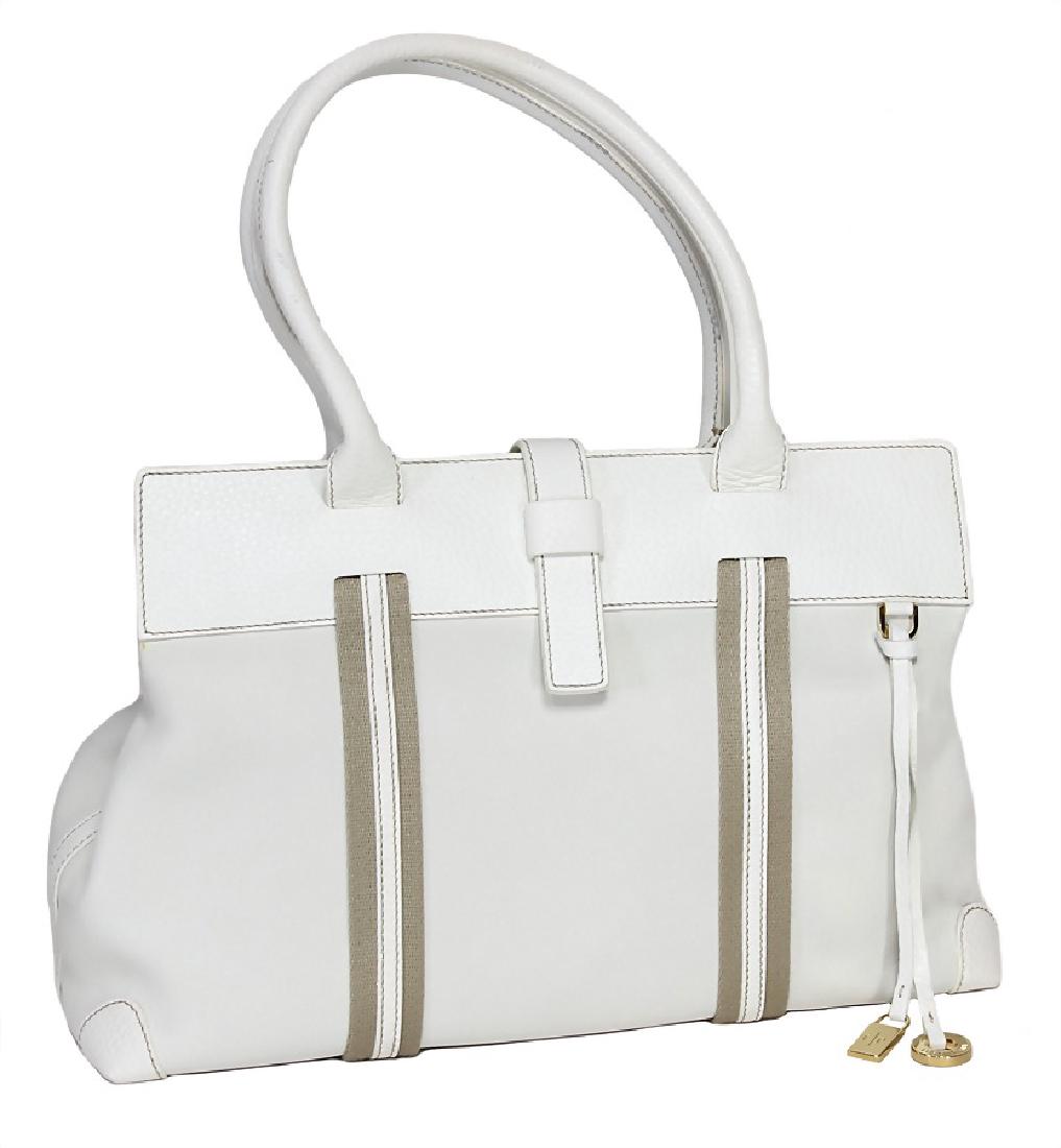 LORO PIANA purse, ecru, different kinds of leather,: LORO PIANA purse, ecru, different kinds of leather, leather string for closure, beige inside fabric, 1 pocket, 2 side pockets inside, one of it with zipper, with Loro Piana pendant, 4 feet, height: 42