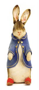 STEIFF velvet hare, &quot;Peter Rabbit&quot;, 22 cm, c.: STEIFF velvet hare, &quot;Peter Rabbit&quot;, 22 cm, c. 1910, button eyes, original felt jacket, at one side is the color at bit brighter, slippers with leather sole, with button, otherwise good condi