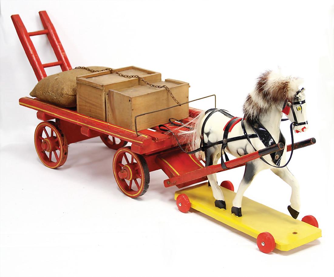 cart with draft horse, 65 cm, wood colored frame, the: cart with draft horse, 65 cm, wood colored frame, the draft horse is a little bit more recent German Description Leiterwagen mit Zugpferd, 65 cm, holzfarbig gefasst, Zugpferd etwas jünger