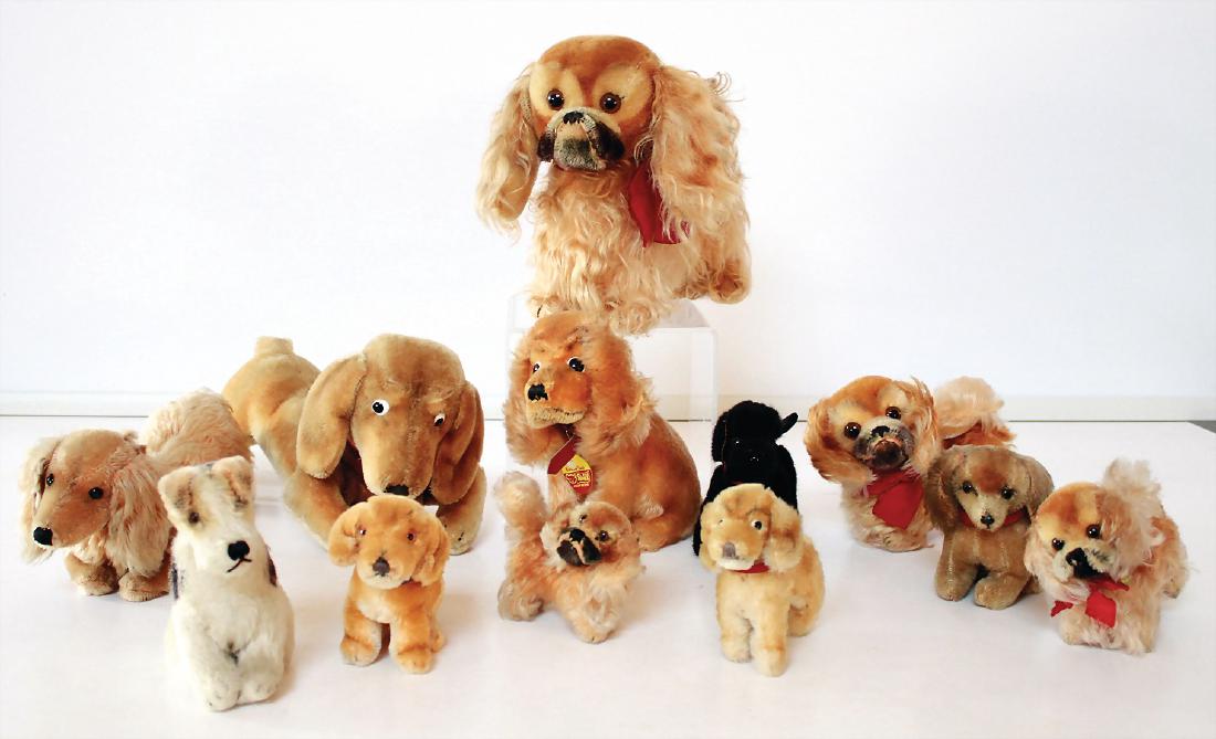 STEIFF Konv. Hunde, 50er Jahre, 4x Pekinese, 10-20 cm, (1 of 1)