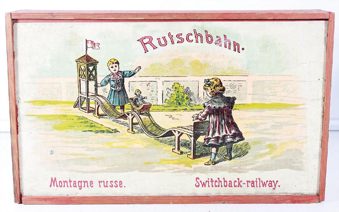 Rutschbahn, Holzbau-Kasten, Orig.-Holzkiste mit bunt (1 of 1)