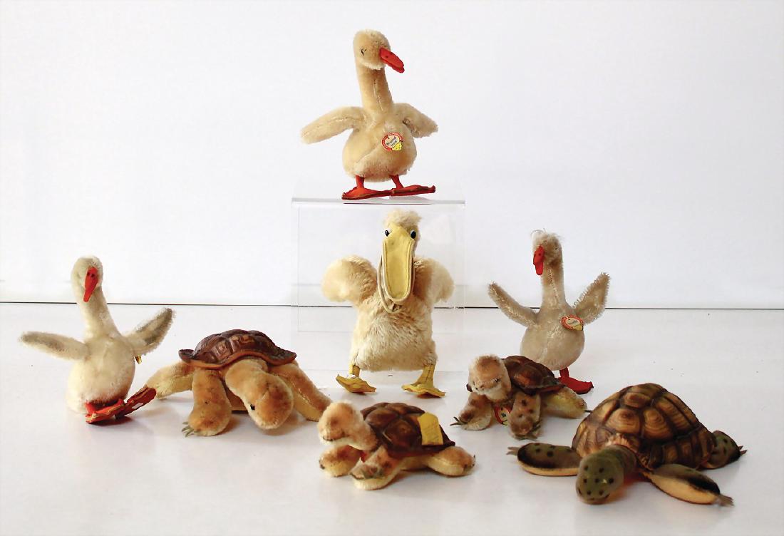 STEIFF Konv., 4x Schildkröte Slow, teilw. mit: STEIFF Konv., 4x Schildkröte Slow, teilw. mit Knopf, Schild und Fahne Nr. 2310,00, 3x Gänse Kuschi, 13 cm, 1x Kuschi, 14 cm, teilw. mit Knopf, Schild und Fahne Nr. unleserlich, Schwanzfeder 