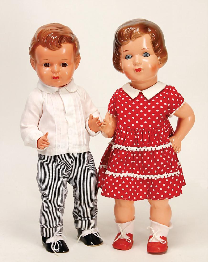 BRUNO SCHMIDT Mädchen und Junge, Celluloid, Mä: BRUNO SCHMIDT Mädchen und Junge, Celluloid, Mädchen gem. 36/40, blaue fest eingesetzte Glasaugen, 1x Junge gem. B40, braune fest eingesetzte Glasaugen German Description BRUNO SCHMIDT Mä