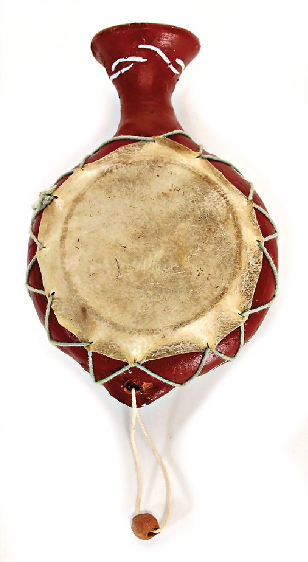 clapper drum, Tunisia, clay bottle with 2 turned up: clapper drum, Tunisia, clay bottle with 2 turned up skins, in clay mallet on a cord, 14.5 cm #709# German Description Rasseltrommel, Tunesien, Tonflasche mit 2 aufgebundenen Fellen, in Tonklöppel an