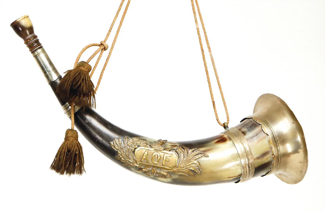 hunting horn, nickel-plated metal pieces, ornament: (1 of 1)