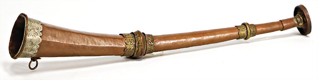 horn, made of embossed copper , with ornaments, Tibet,: horn, made of embossed copper , with ornaments, Tibet, 19th century, 36 cm #113# German Description Horn, aus Kupfer getrieben, mit Verzierungen, Tibet, 19. Jhd., 36 cm #113#