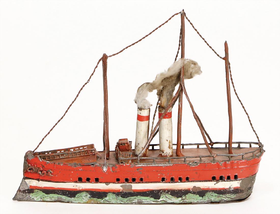 tin, steamship, 16 cm, 3 masts, 2 funnels, the: tin, steamship, 16 cm, 3 masts, 2 funnels, the scratches on the paintwork are caused of old age , original condition German Description Zinn, Dampfschiff, 16 cm, 3 Masten, 2 Schornsteine, altersbed. L
