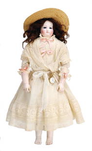 fashion doll, France, probably Rumor,fix inset: fashion doll, France, probably Rumor,fix inset blue glass eyes, closed mouth, Gessland body, (jointed wood body, leather covered), porcelain arms and legs, 1 arm was repaired, real hair wig, clo