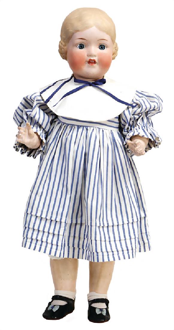 AM doll with bisque head, type Bärbel, 60 cm, socket: AM doll with bisque head, type Bärbel, 60 cm, socket head, fix inset blue glass eyes, opened mouth, teeth and tongue, strong dirt inclusions in porcelain, standing mass body, clothes old or sew