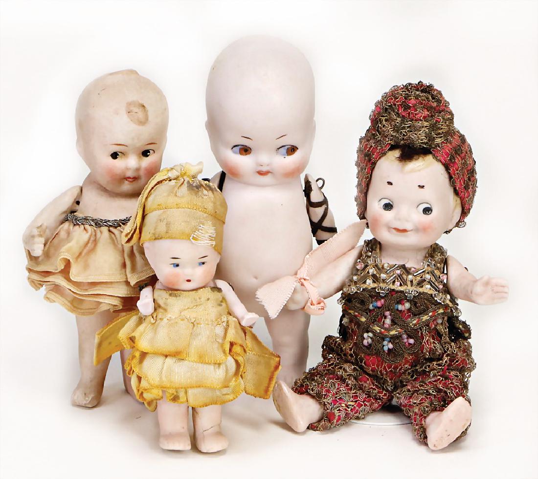 4x Porzellan-Googly, Ganzbiskuit, bewegl. Arme, gemalte (1 of 1)