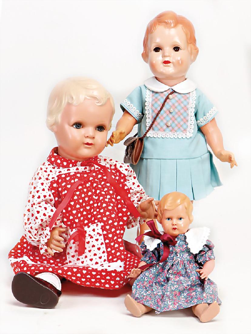 MINERVA 3 Celluloid-Puppen, 1x fester Kopf, gem. 23 ½, (1 of 1)