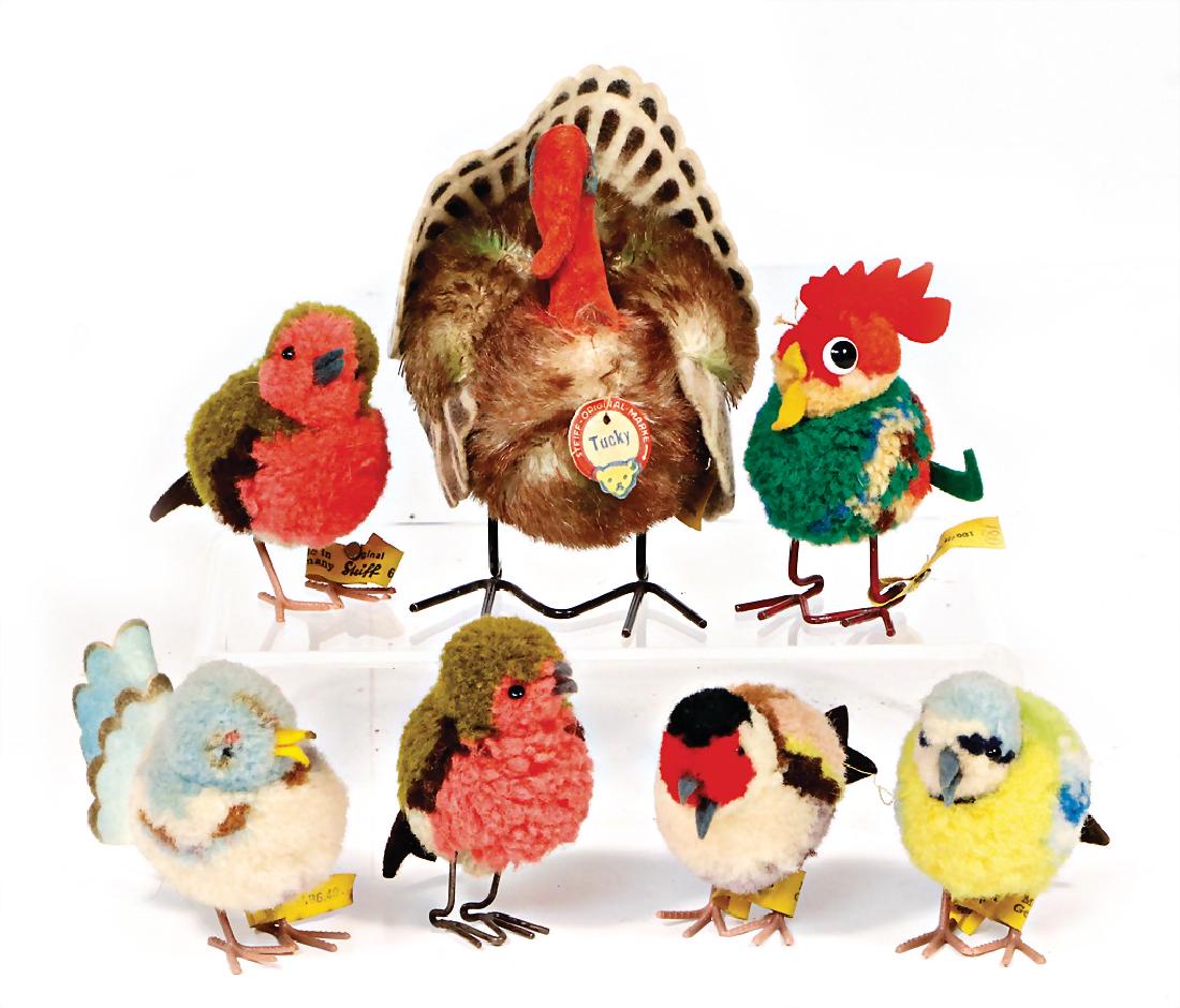 STEIFF 6 Wollvögel, 5x mit Knopf und Fahne, bespielt, (1 of 1)