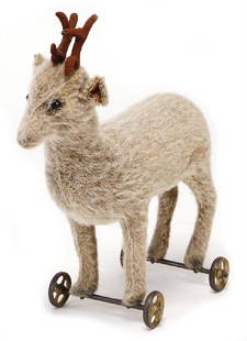 STEIFF deer, produced 1908, with button, long stretched: STEIFF deer, produced 1908, with button, long stretched F, felt antlers, on cast spoke wheels, simple plush, shoe button eyes, height: 26 cm, lenght: 21 cm, good condition German Description STEIFF