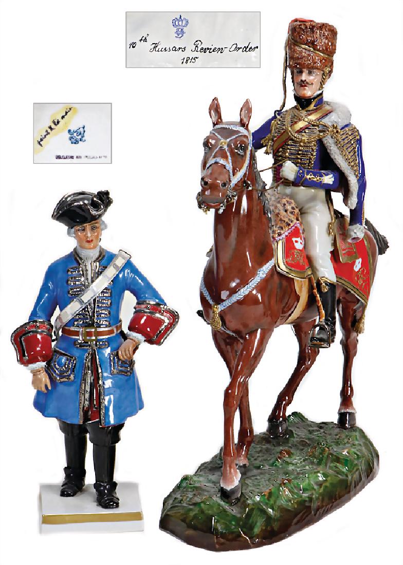 2 pieces porcelain figure, hussar, signed: Hussars: 2 pieces porcelain figure, hussar, signed: Hussars Ravien-Order 1815 1493/0, height: 36 cm, 1 standing figure, 25 cm German Description 2 Teile Porzellan-Figur, Husar, signiert: Hussars Ravien-Order 1