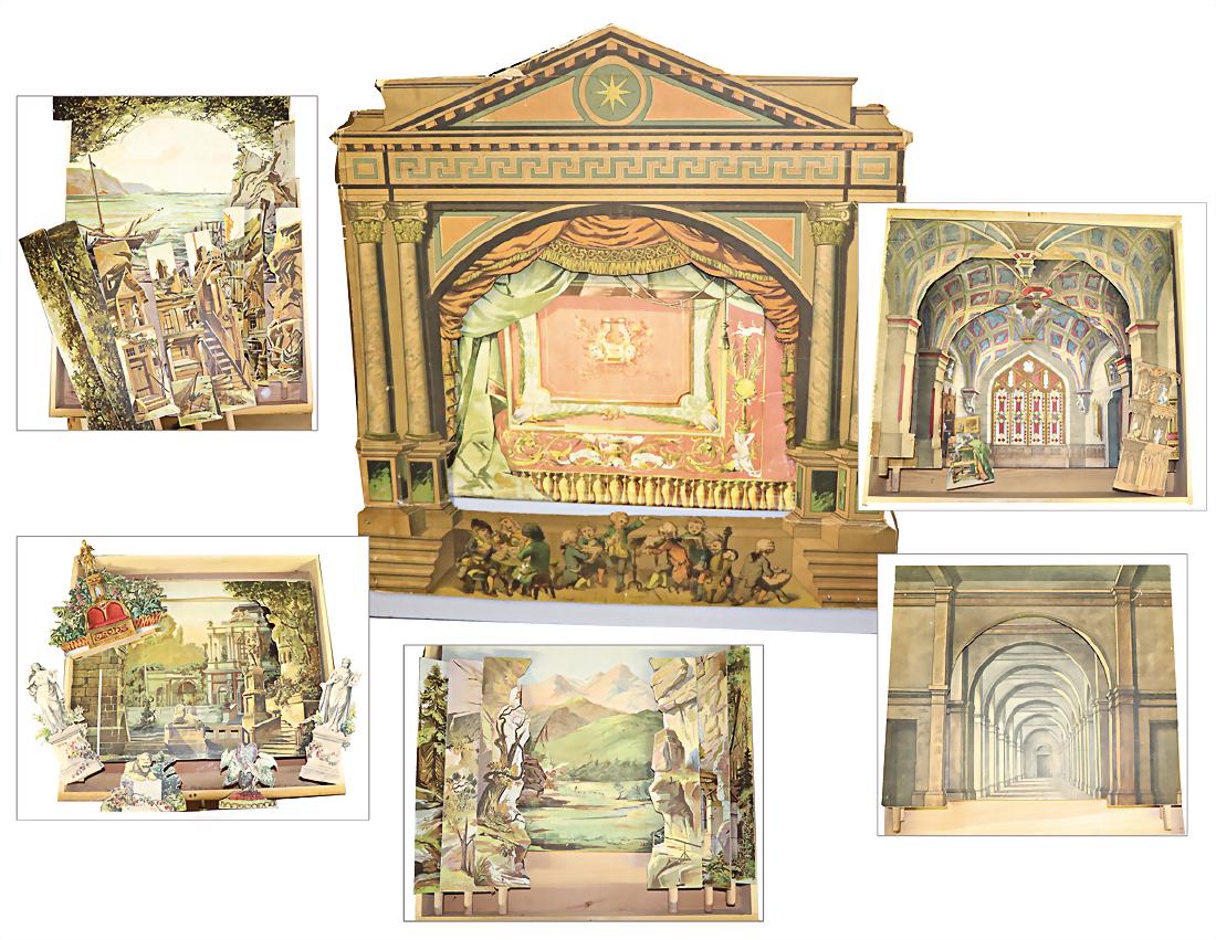 paper theatre, body made of wood, paper stuck, richly: paper theatre, body made of wood, paper stuck, richly sceneries and accessories, please have a look at it German Description Papier-Theater, Korpus Holz, Papier beklebt, reichh. Kulissen u. Zubehörte