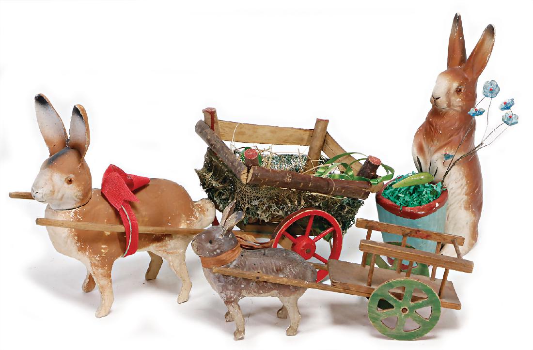 group of hares, hare with pannier, 22 cm, 1 hares: group of hares, hare with pannier, 22 cm, 1 hares carriage, hare candy container, mass, 18 cm, 1 hare with cart German Description Hasengruppe, Hase mit Kiepe, 22 cm, 1 Hasenwagen, Hase Candy-Containe