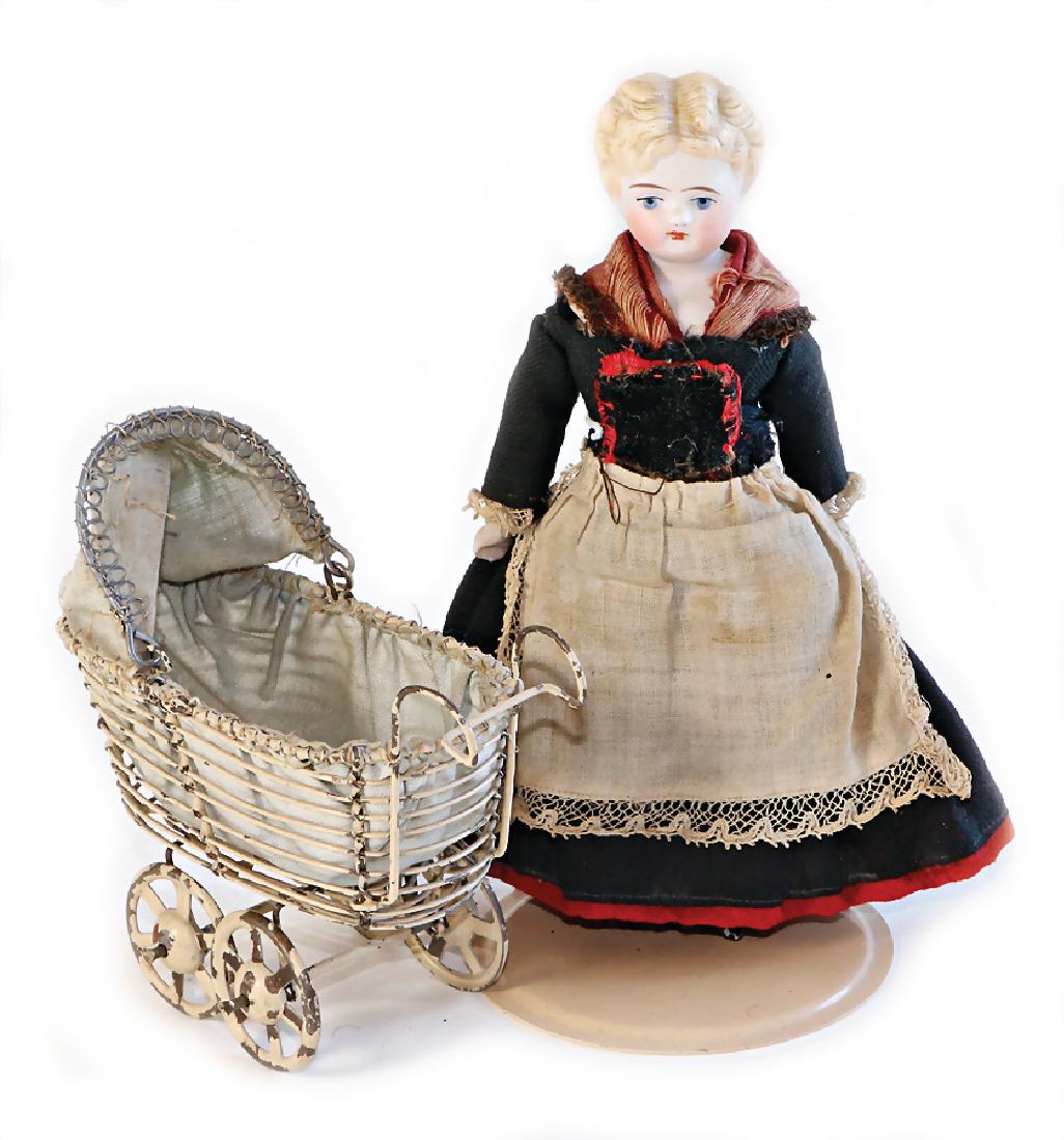 dollhouse doll, housekeeper, with pram, bisque shoulder: dollhouse doll, housekeeper, with pram, bisque shoulder headed, arms and legs, fabric body, nice original clothes, 15 cm, with 1 pram with original top German Description Puppenstuben-Puppe, Haushält