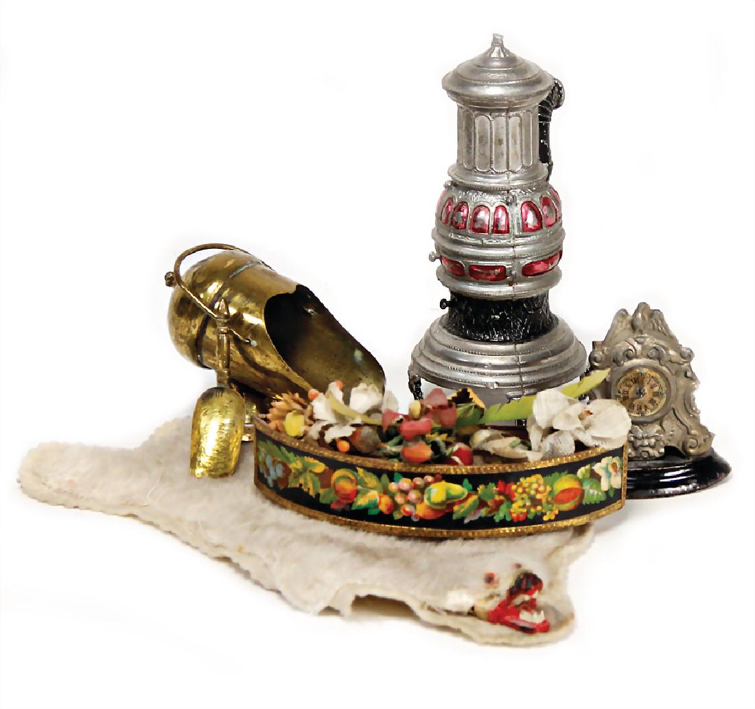 dollhouse decoration pieces, tin stove, upper figure is: dollhouse decoration pieces, tin stove, upper figure is missing, 11 cm, 1 polar bear skin, wall holder for flowers, cardboard, early, bearskin, coal container, brass German Description Puppenstuben-Au