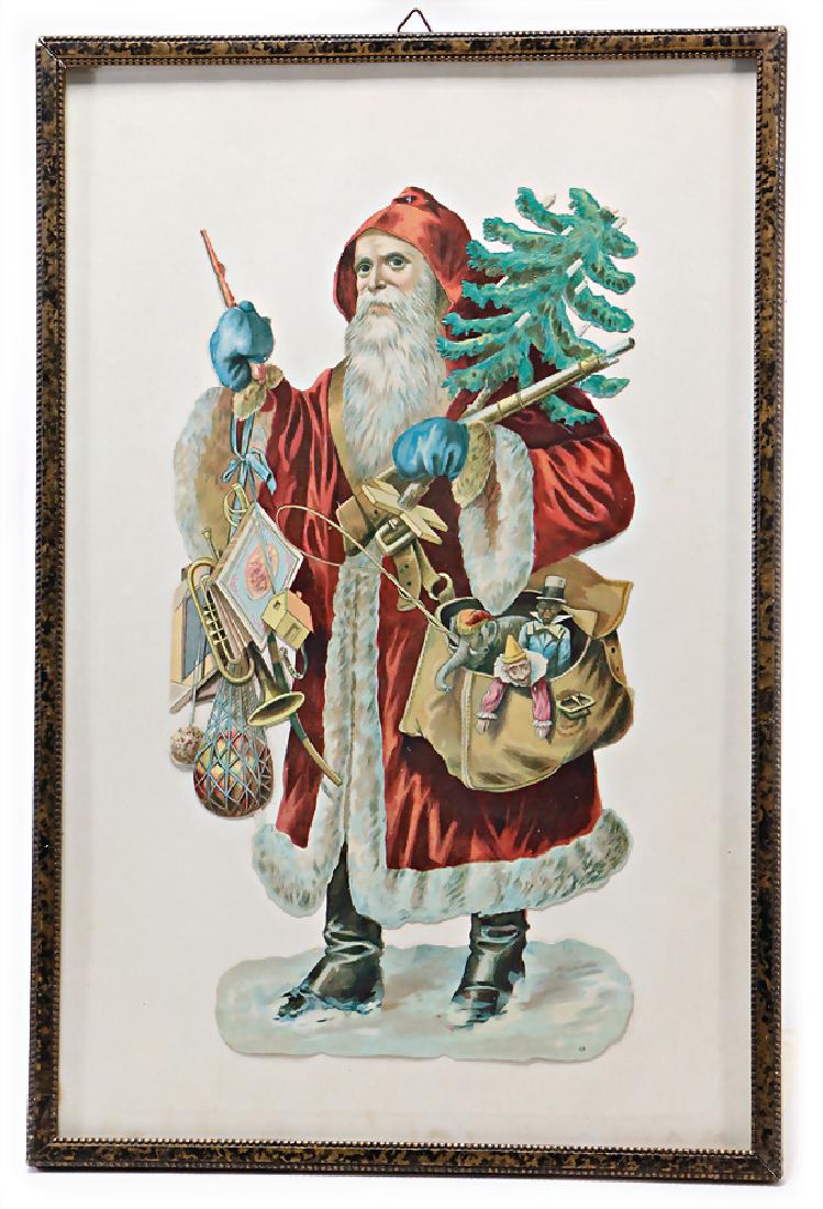 wafer picture, chromolithography, Santa Claus, 32 cm,: wafer picture, chromolithography, Santa Claus, 32 cm, bad spot at tree, otherwise good, in frame German Description Oblaten-Bild, Chromolithographie, Weihnachtsmann, 32 cm, Fehlstelle am Baum, sonst g