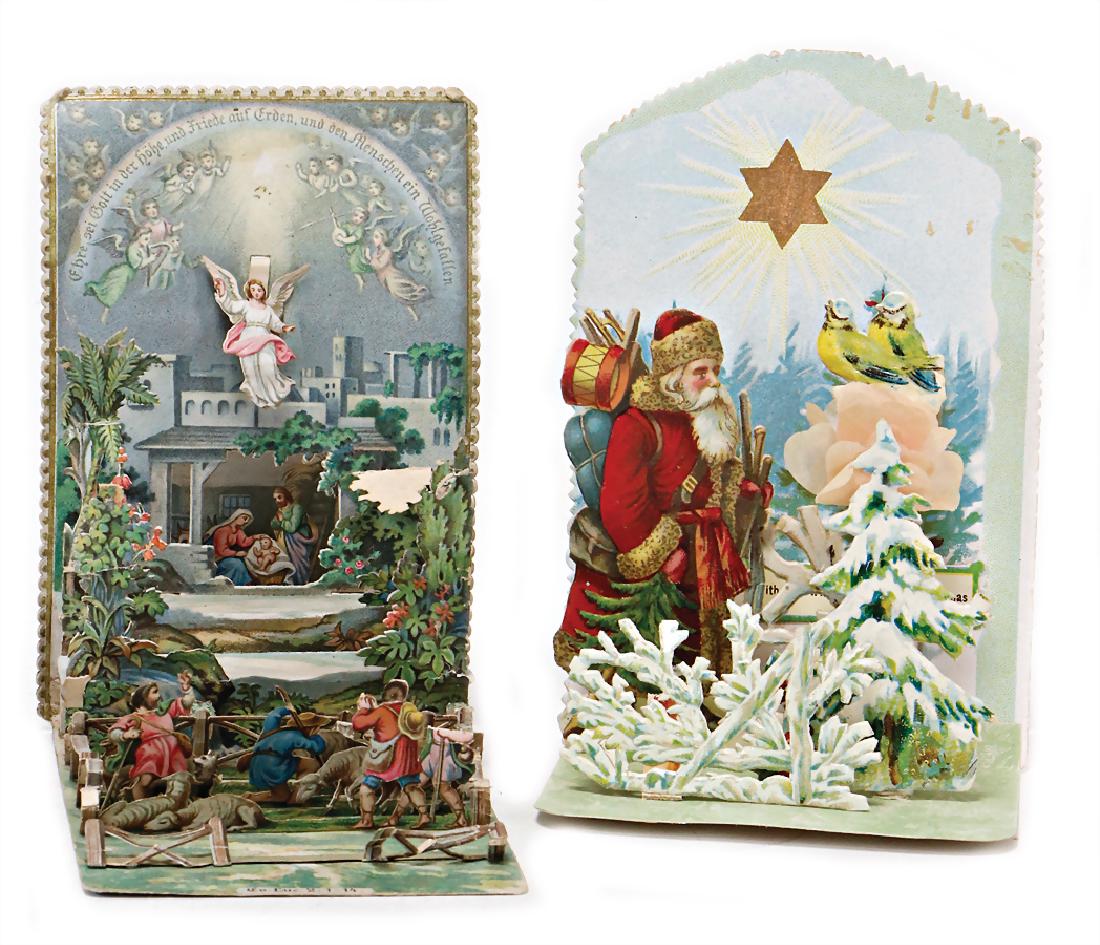 2 small cards, Christie birth, chromolithography, 11.5: 2 small cards, Christie birth, chromolithography, 11.5 and 12.5 cm, 1x crib scene, 1x handing out of presents German Description 2 kl. Aufstellkarten, Christie Geburt, Chromolithographie, 11,5 u. 12,5