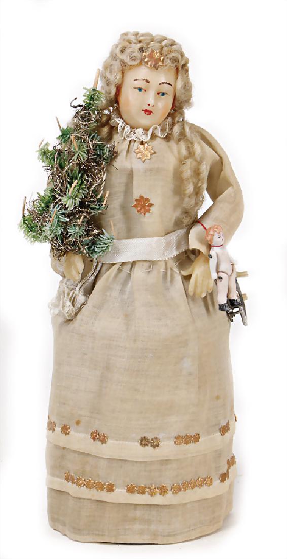 candy container, woman with christmas tree, wax head: candy container, woman with christmas tree, wax head and, arms, 26 cm German Description Candy-Container, Frau mit Weihnachtsbaum, Wachskopf u, -Arme, 26 cm
