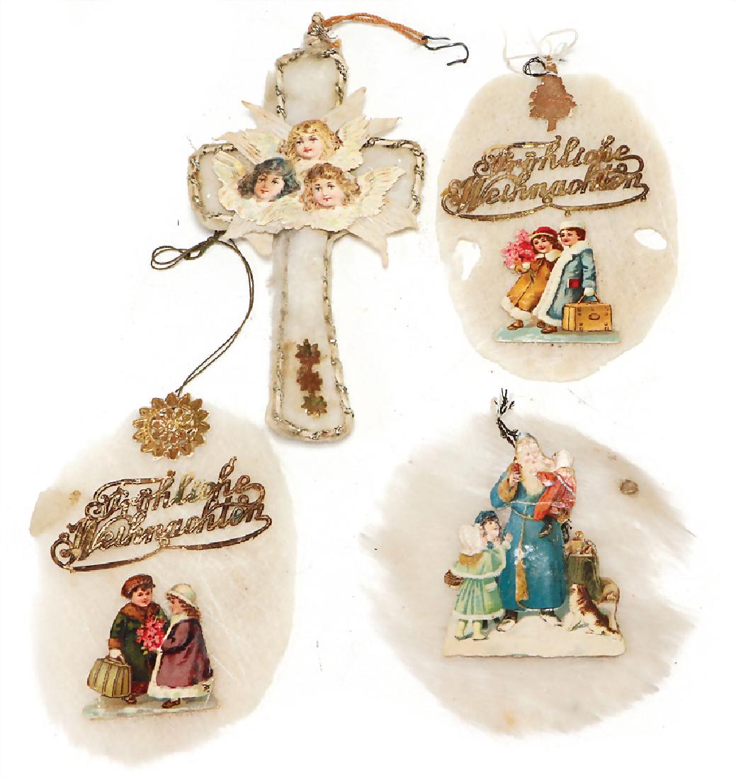 Christmas tree decoration, cotton wool, with: Christmas tree decoration, cotton wool, with wafers-pictures, flat, angel cross, writing "Frohe Weihnachten", 3 pieces German Description Weihnachtsschmuck, Watte, mit Oblaten-Bildern, flach, Engelskr