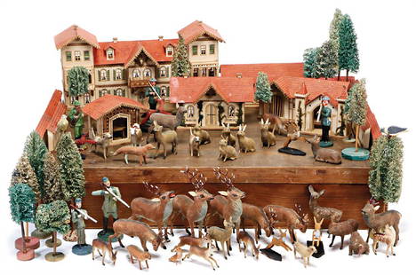 ERZGEBIRGE forest ranger's office: lithographed: ERZGEBIRGE forest ranger's office: lithographed cardboard, with flocked animals, height of the building : 14 cm, richly in an old wooden box German Description ERZGEBIRGE Försterei: Pappe lithogr., m