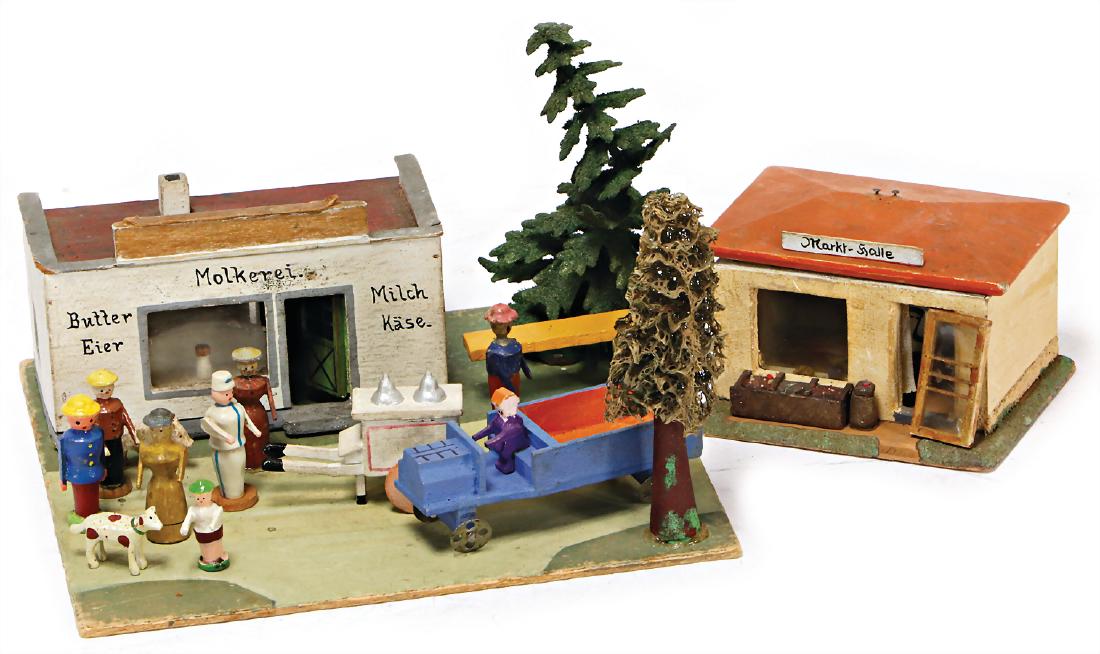 ERZGEBIRGE milk shop, 1 greengrocery, door is loosely: ERZGEBIRGE milk shop, 1 greengrocery, door is loosely add, small truck, figures, accessories German Description ERZGEBIRGE Molkereiladen, 1 Gemüseladen, Tür liegt lose bei, kl. LKW, Figuren, Zubehö