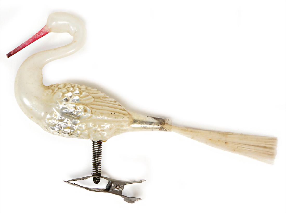 1 bird with long swan neck, feather tail, on clamp: 1 bird with long swan neck, feather tail, on clamp German Description 1 Vogel mit langem Schwanenhals, Federschwanz, auf Klammer