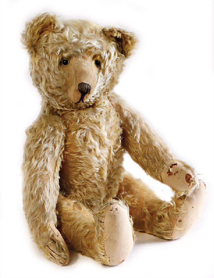 BING bear, pre-war era, glass eyes, long, pointy nose,: BING bear, pre-war era, glass eyes, long, pointy nose, long snaped off arms, hump, 60 cm, felt paws are partially open, excelsior is visible, corn colored mohair, partially mohair loss, otherwise nice