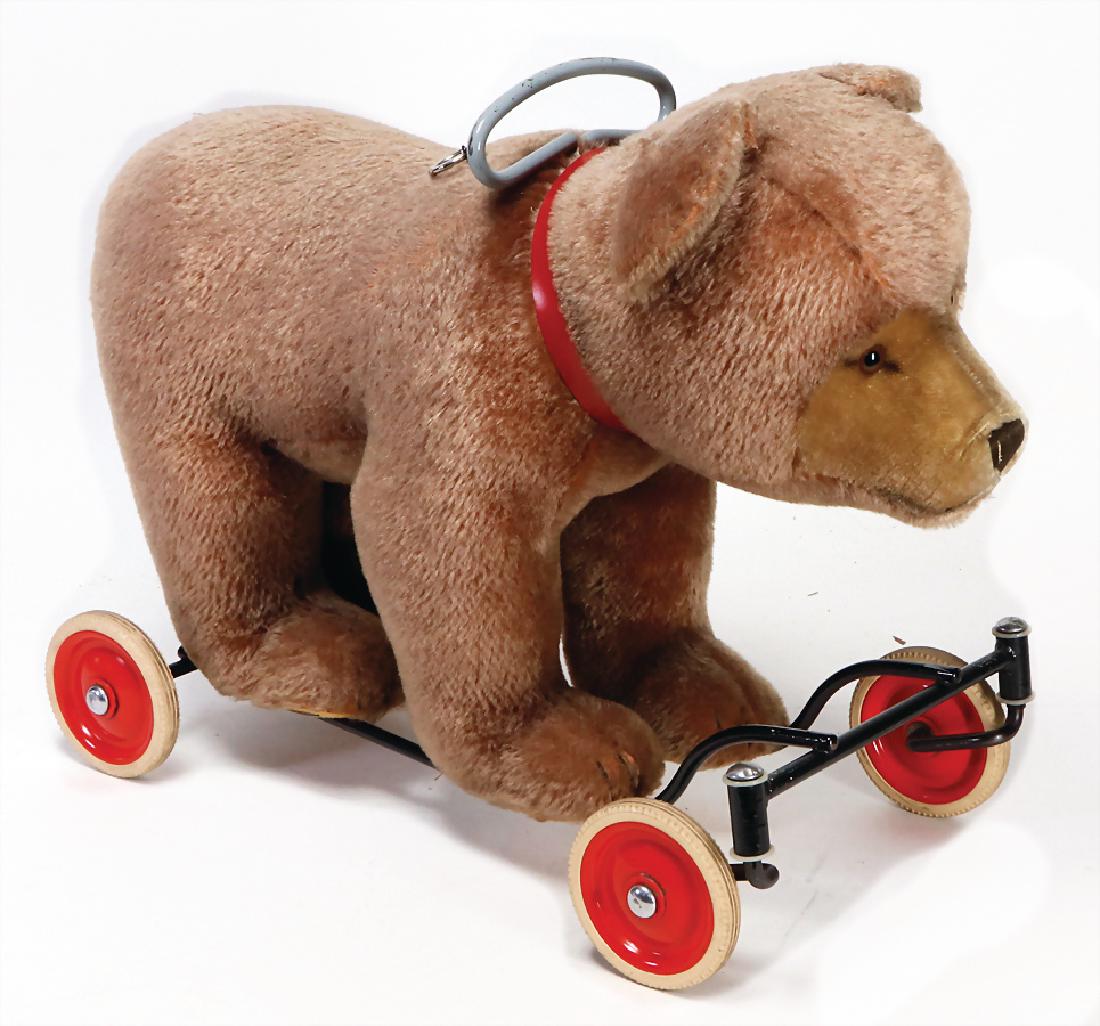 STEIFF mask bear on wheels, 1957-68, pull voice intact, (1 of 2)