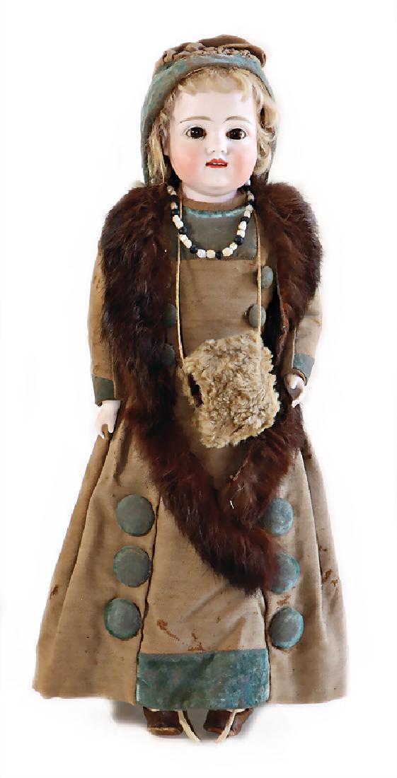bisque porcelain shoulder headed doll, mark in the: bisque porcelain shoulder headed doll, mark in the neck: Nr.7, the brown glass eyes were probably afterewards inset, opened mouth, line of upper teeth, hairline crack behind the left ear, bisque forea