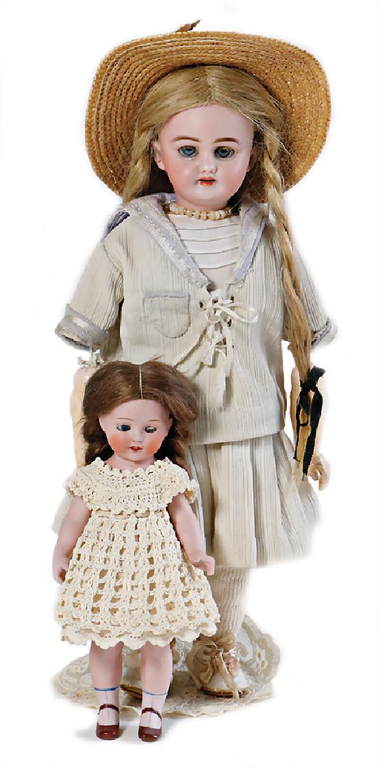 2 pieces, 1x all-bisque doll, marked Made in Germany,: 2 pieces, 1x all-bisque doll, marked Made in Germany, opened/closed mouth, bisque arms and legs, jointed, modelled shoes and socks, 17 cm, mohair-wig, with 1x bisque porcelain shoulder headed doll, bl