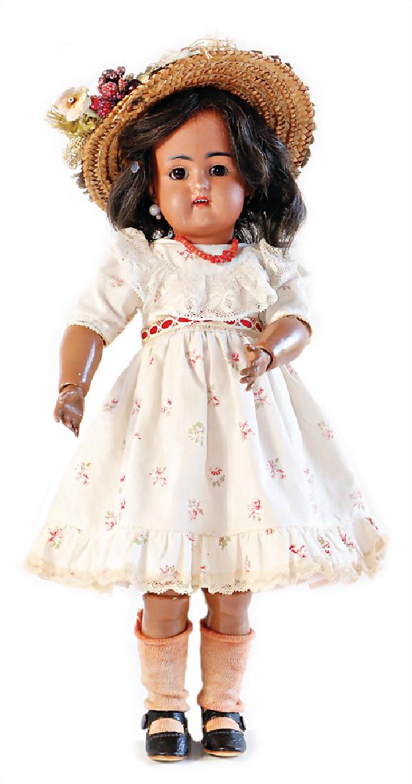 K & R colored bisque porcelain head doll, 36 cm,: K & R colored bisque porcelain head doll, 36 cm, socket head, brown sleepy eyes, opened mouth, upper teeth, dimple at chin, pierced ears, dark toned jointed body, nice original clothes, old real h
