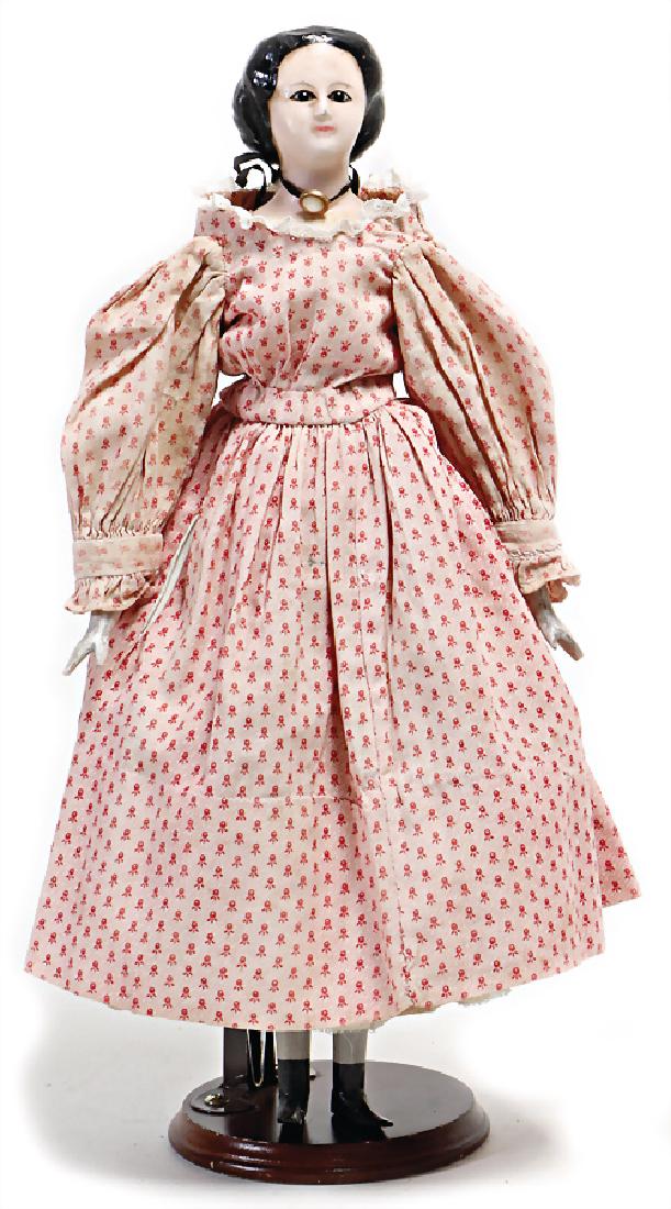 papier mâché, wax coated shoulder headed doll, 38 cm, (1 of 2)