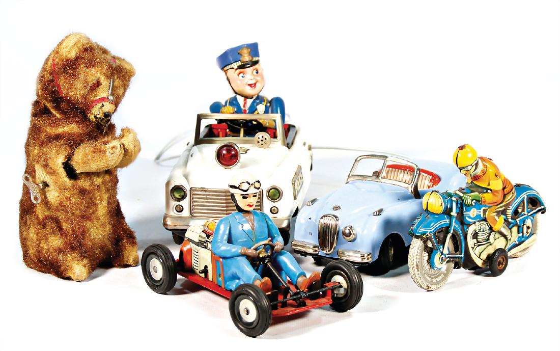 tin toy, Japan, Polzeiauto, battery-operated, 24 cm, 1: tin toy, Japan, Polzeiauto, battery-operated, 24 cm, 1 MG, battery-operated, base plate with patch of rust , 1 headlight missing, rusty battery compartment , 1 motorcyclist, TIPP&CO, 1 Go-box