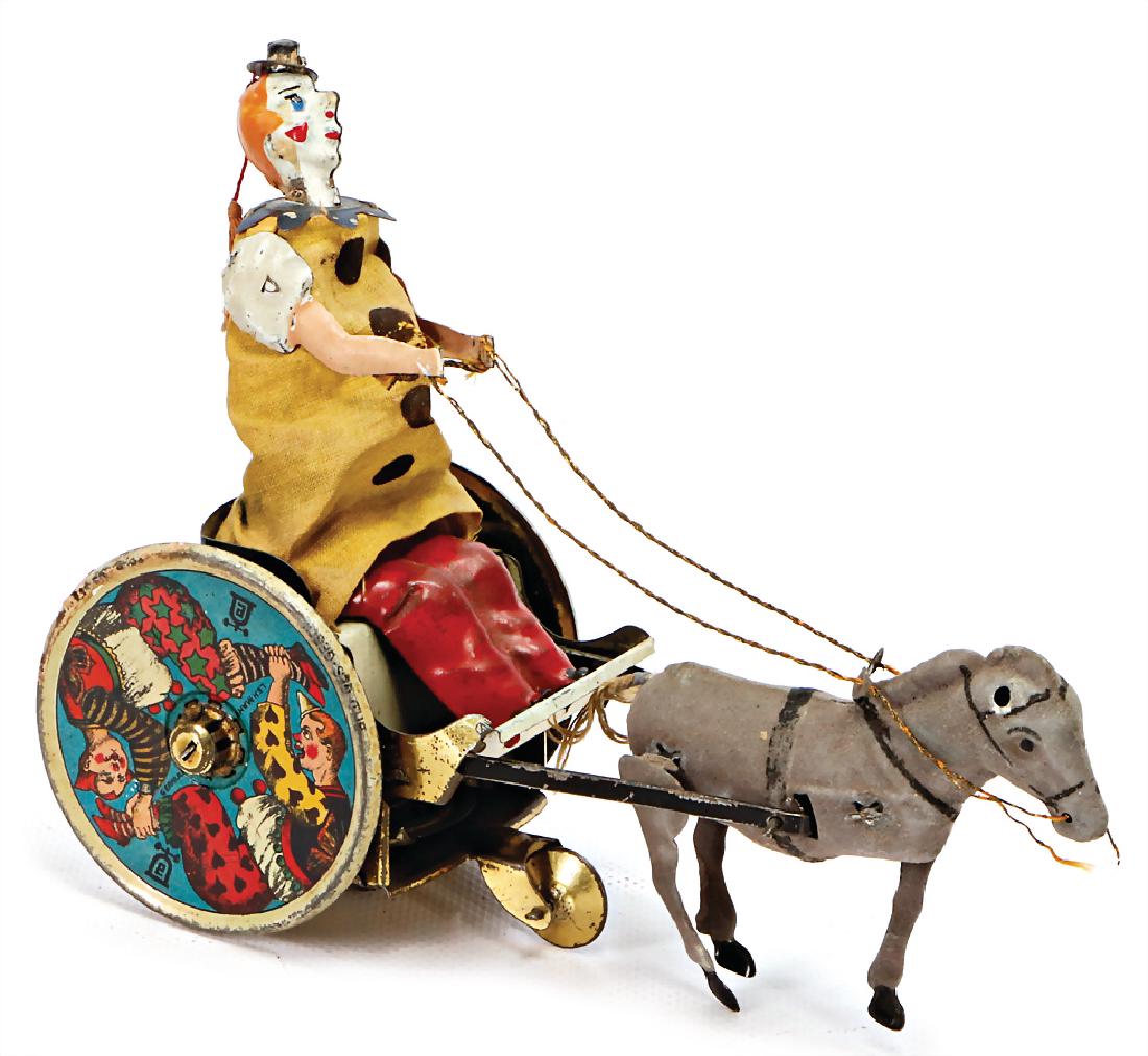 clown on a donkey cart, sheet metal, lithographed, (1 of 1)