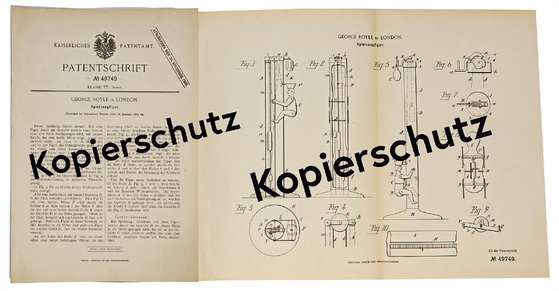patent specification, Imperial patent office, Georg: patent specification, Imperial patent office, Georg Royle, London, toy figure patented in the German Reich from Jan 16th 1889, technical description and 2-part leaflet technical illustrations a climbi