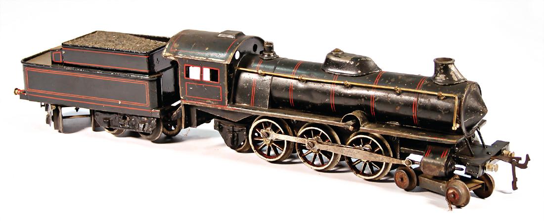 BING 2C1, tow-tender-locomotive, 4-axled tender, sheet: BING 2C1, tow-tender-locomotive, 4-axled tender, sheet metal, clock mechanism drive, scratches on the paintwork, buffer beam in front was retouched, clock mechanism is jammed German Description BING 2